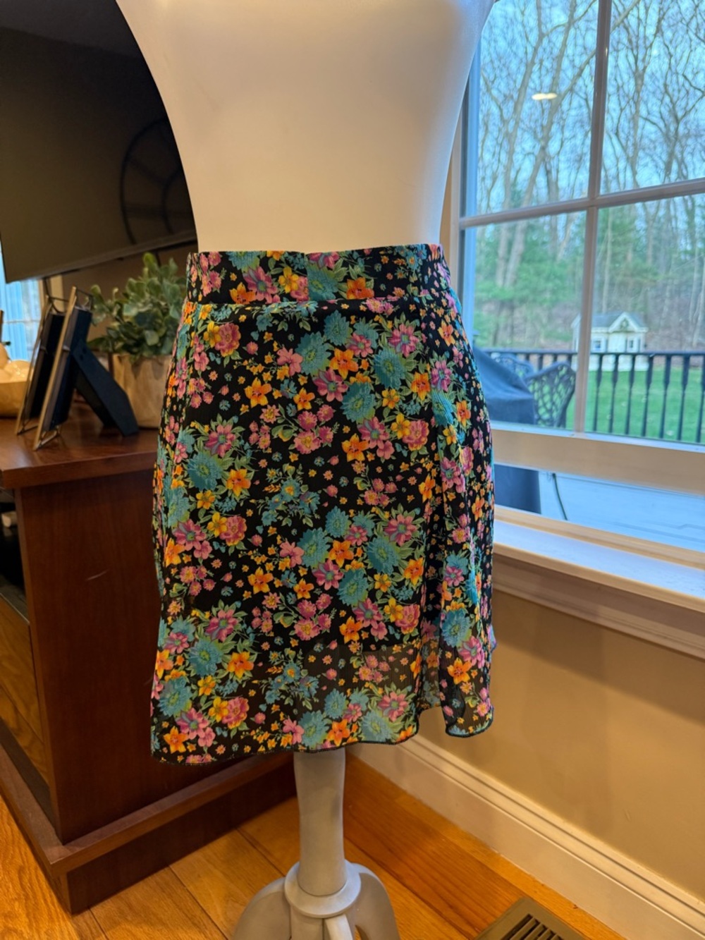 Wild Honey Black Mini Skirt with Teal Pink and Yellow Floral Print